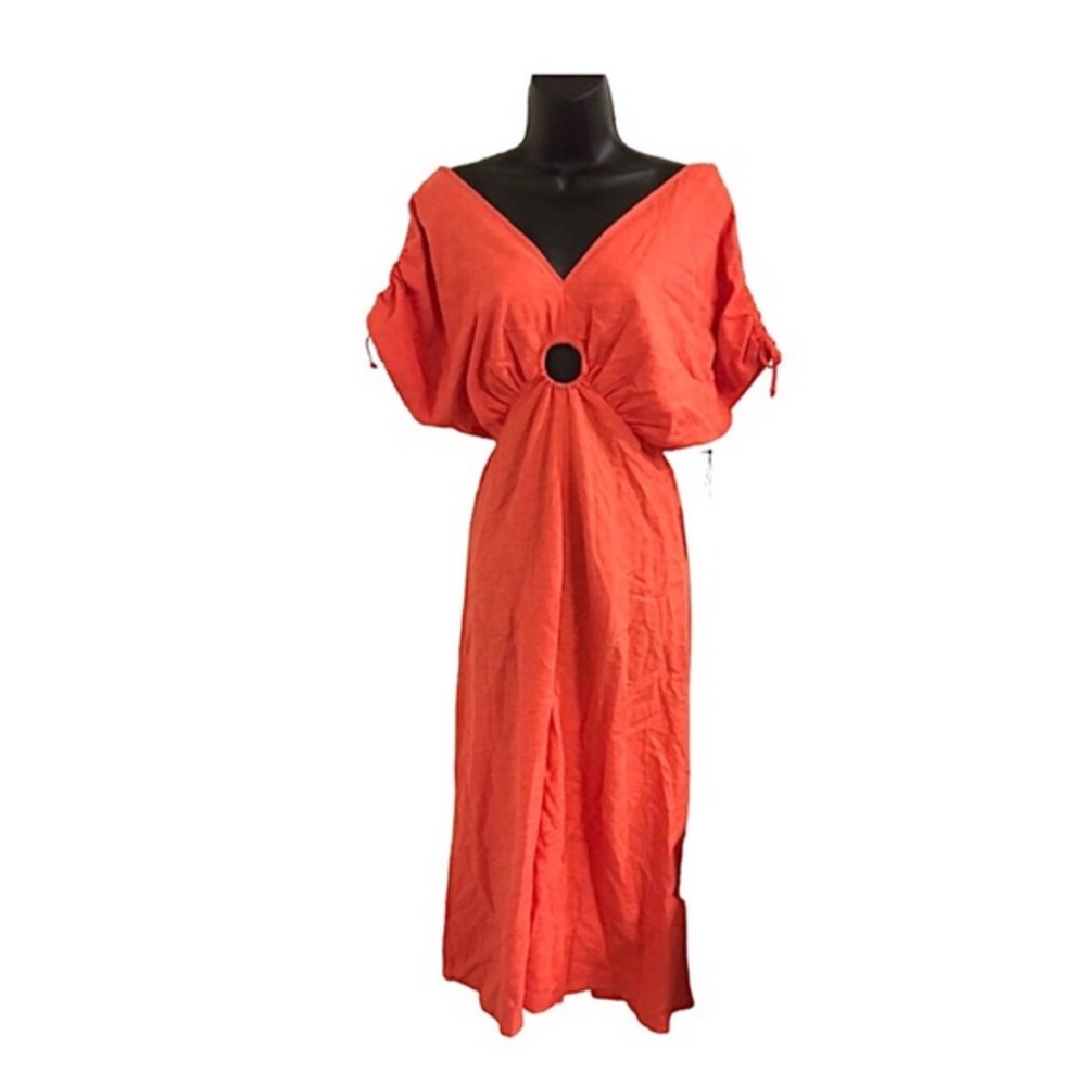 Sincerely Jules Orange Cutout Ruched Shoulder V-Neck Plunge Dress Size Xs New